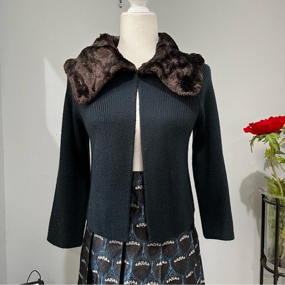 NEW Nine West Vintage Wool Faux Fur Ribbed Swing Cardigan Sweater Jacket S NWOT - Picture 1 of 15